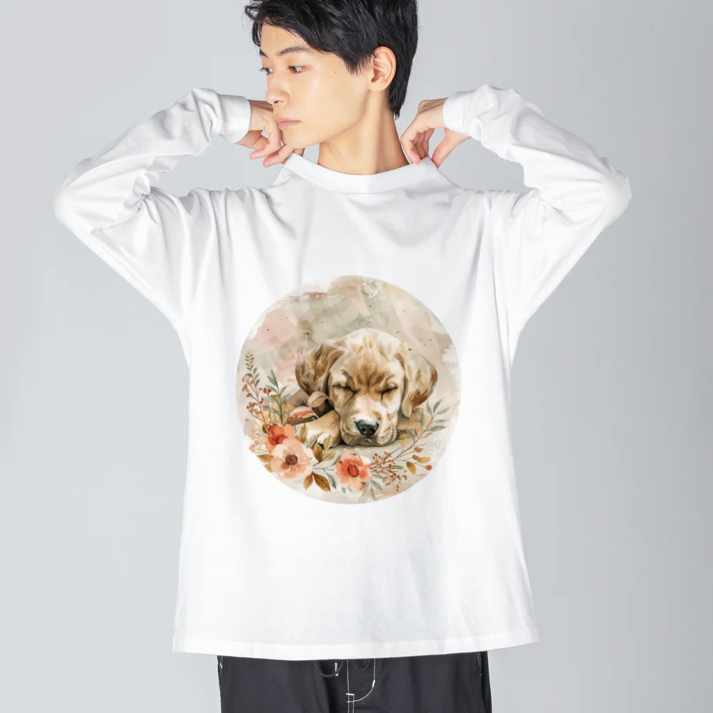 Petia Bloomの水彩風犬と花 ビッグシルエットロングスリーブTシャツ