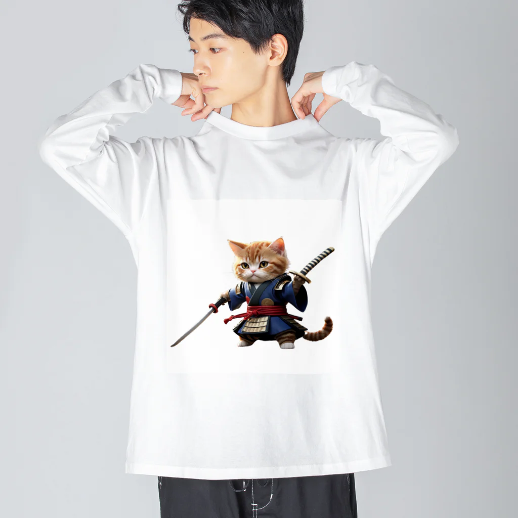 AI考房の闘うサムライ猫 ビッグシルエットロングスリーブTシャツ