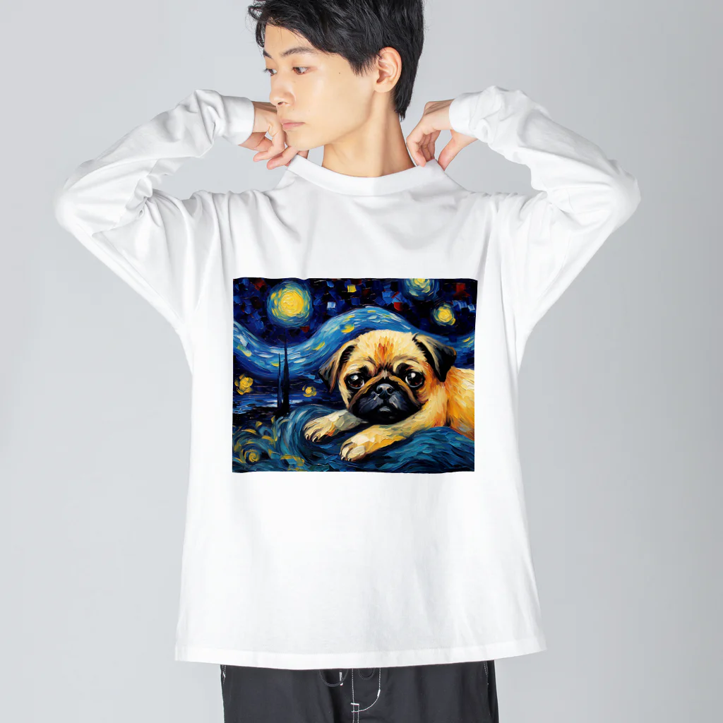 Dog Art Museumの【星降る夜 - パグ犬の子犬 No.3】 Big Long Sleeve T-Shirt