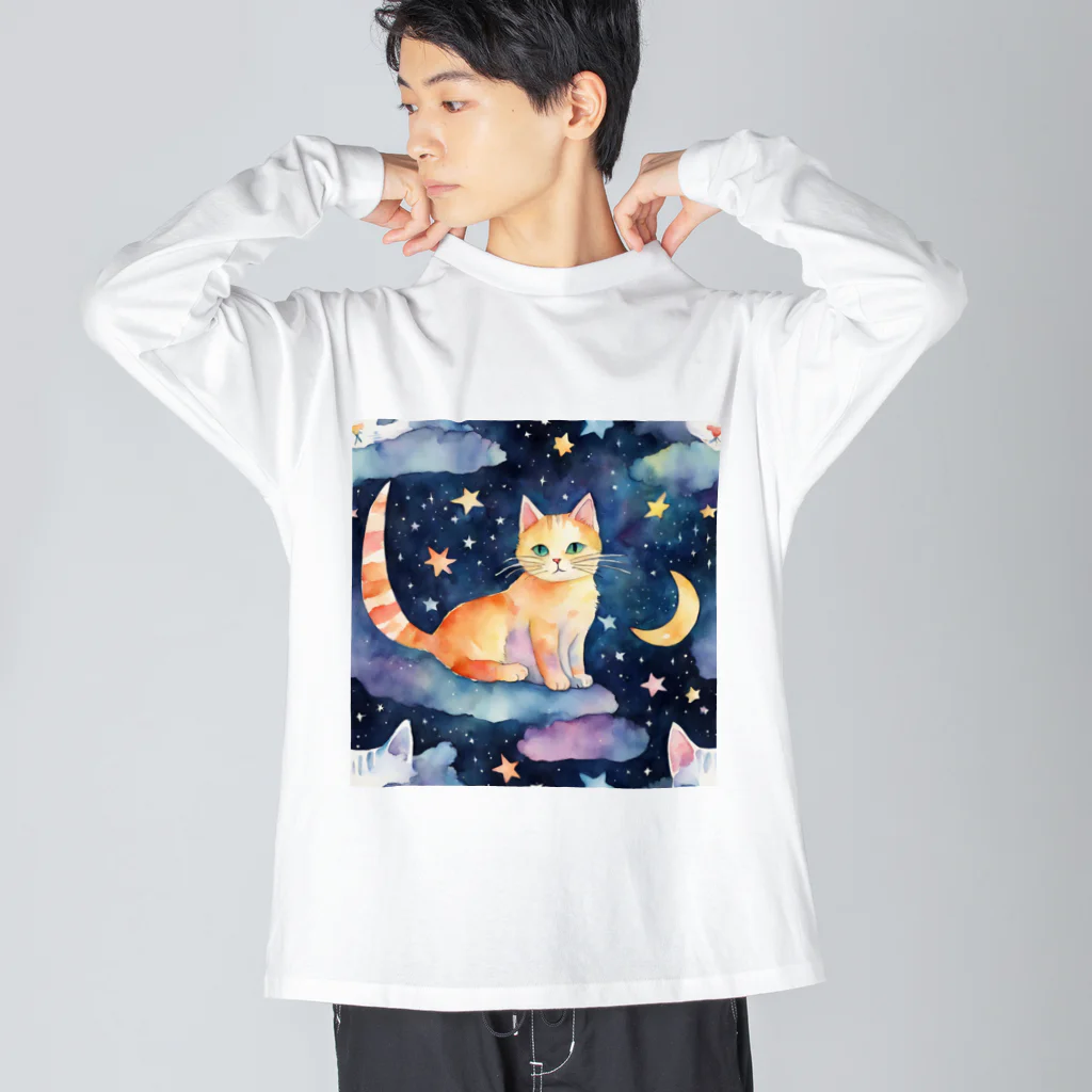 星降る夜にの月と猫 ビッグシルエットロングスリーブTシャツ