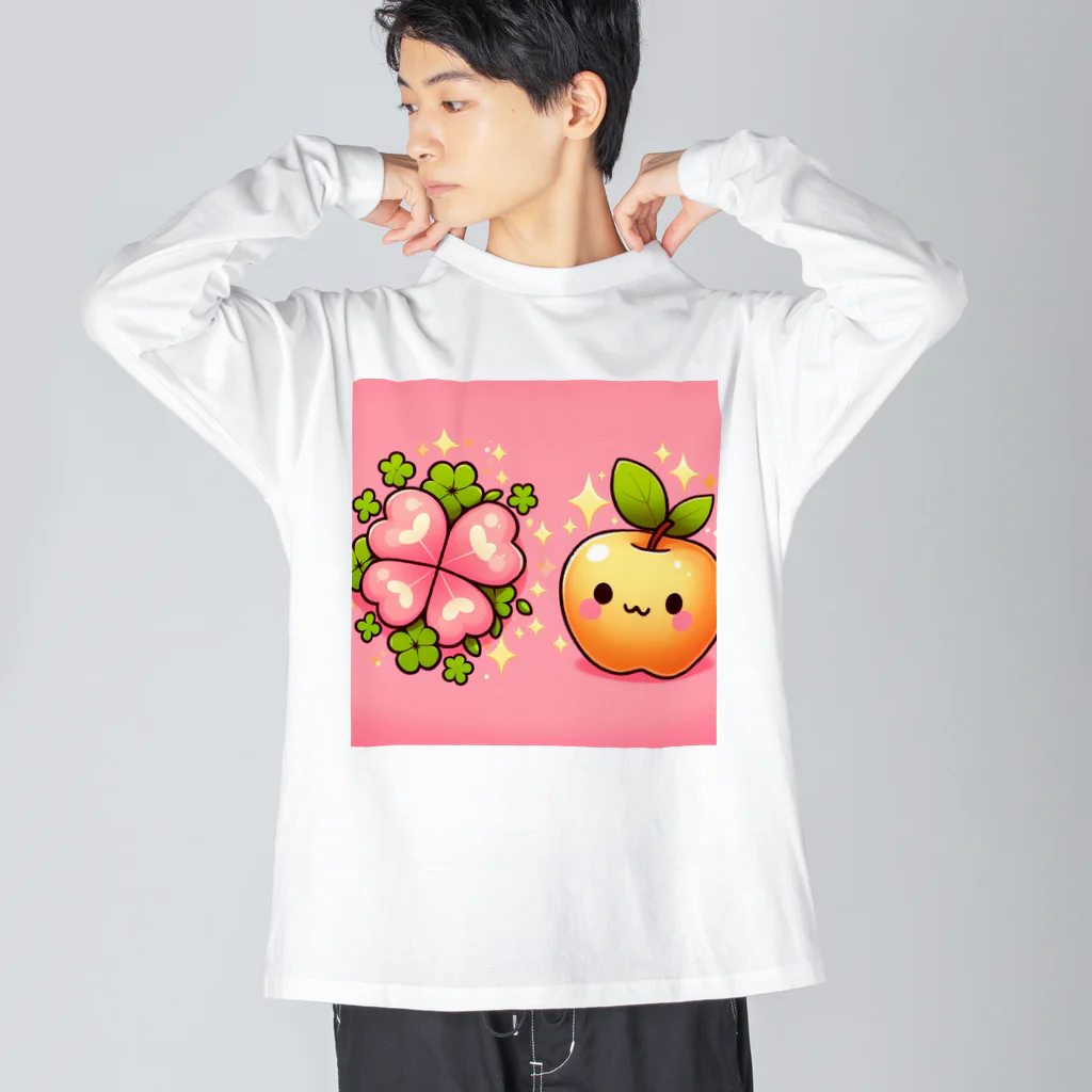 金運上昇金のリンゴの恋愛運アップの金のリンゴとピンクのクローバー ビッグシルエットロングスリーブTシャツ