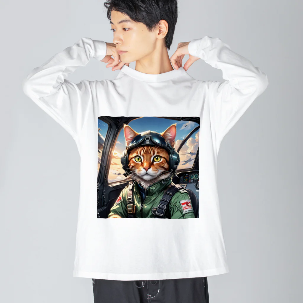 nekoと鉄のパイロット猫 ビッグシルエットロングスリーブTシャツ