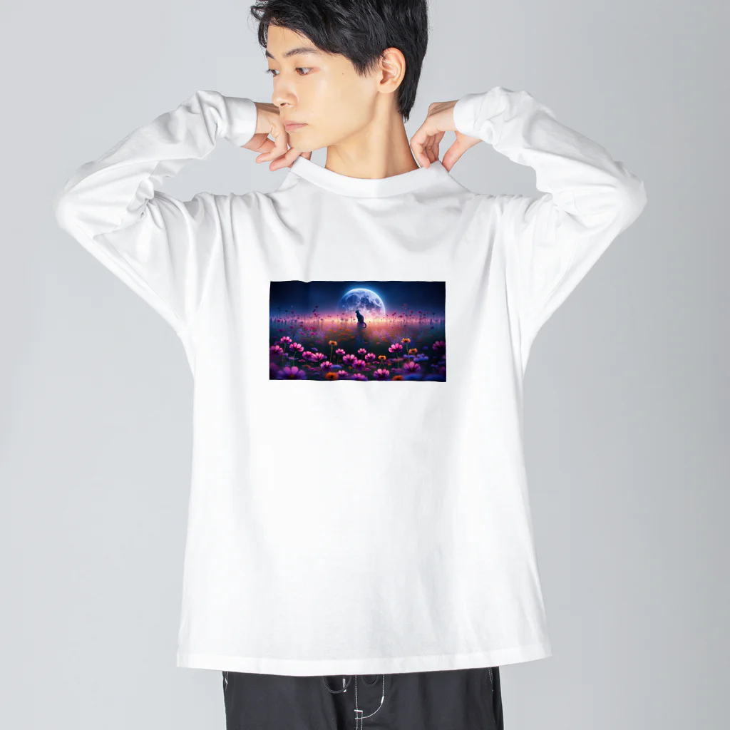 space catの花畑と猫と満月と ビッグシルエットロングスリーブTシャツ