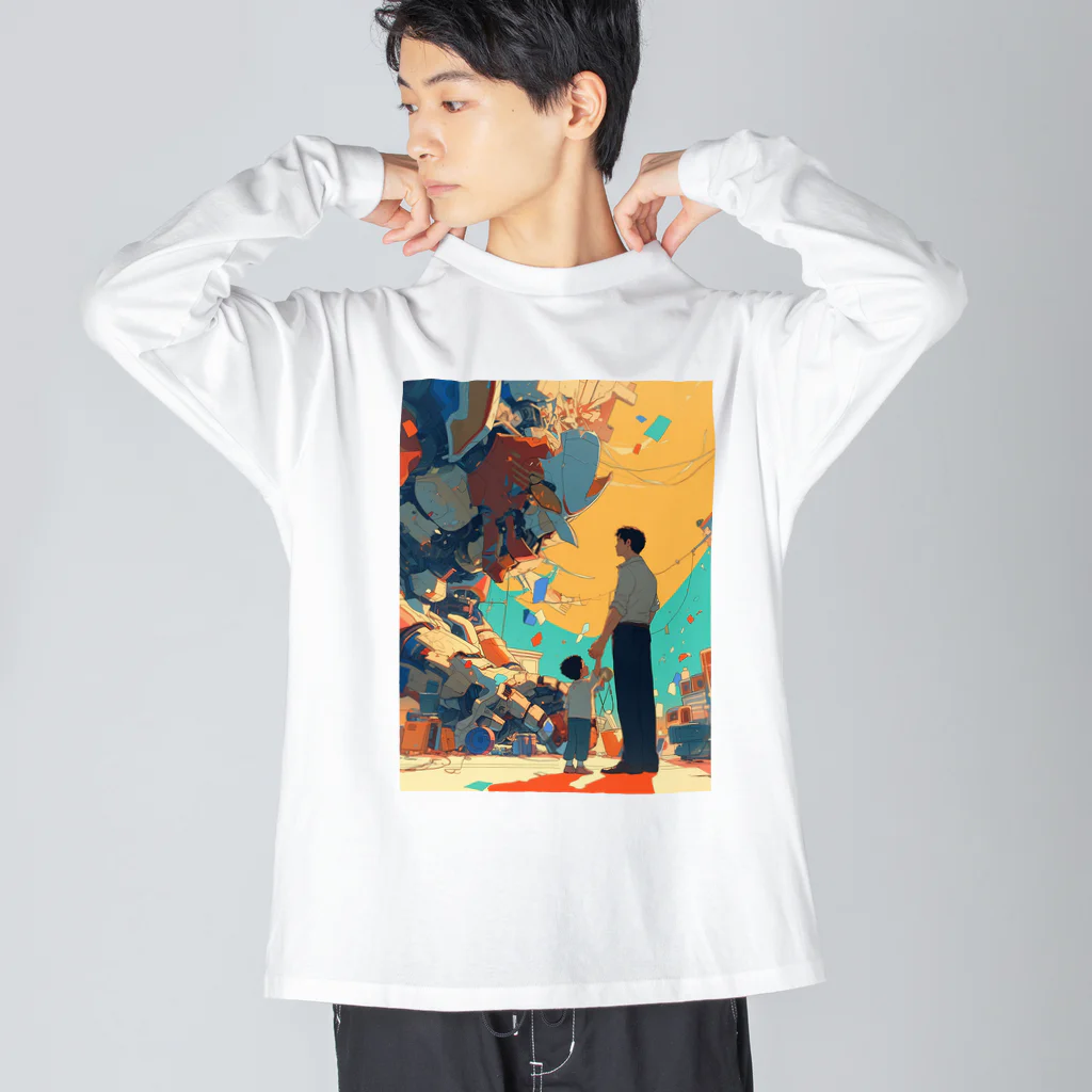 AQUAMETAVERSEの父と子の前に巨大ロボツトが　なでしこ1478 ビッグシルエットロングスリーブTシャツ