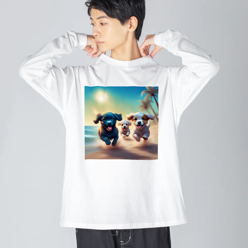 Chocolat15sucreの砂浜で遊ぶ子犬たち Big Long Sleeve T-Shirt