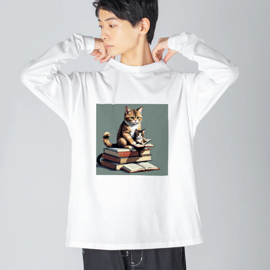 三毛猫shopの本を読む猫 ビッグシルエットロングスリーブTシャツ