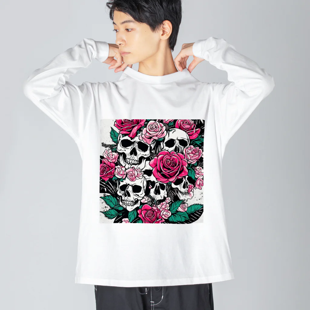 ピンクリボンの薔薇髑髏01 Big Long Sleeve T-Shirt