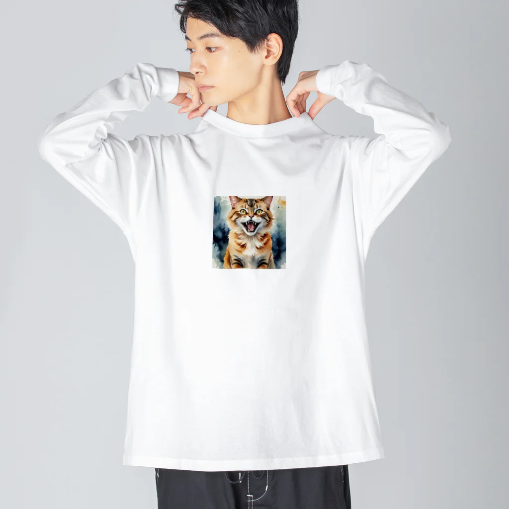 おさけふざけ＠アル中戦隊の怒った猫の表情が鮮やかに描かれた水彩画 Big Long Sleeve T-Shirt
