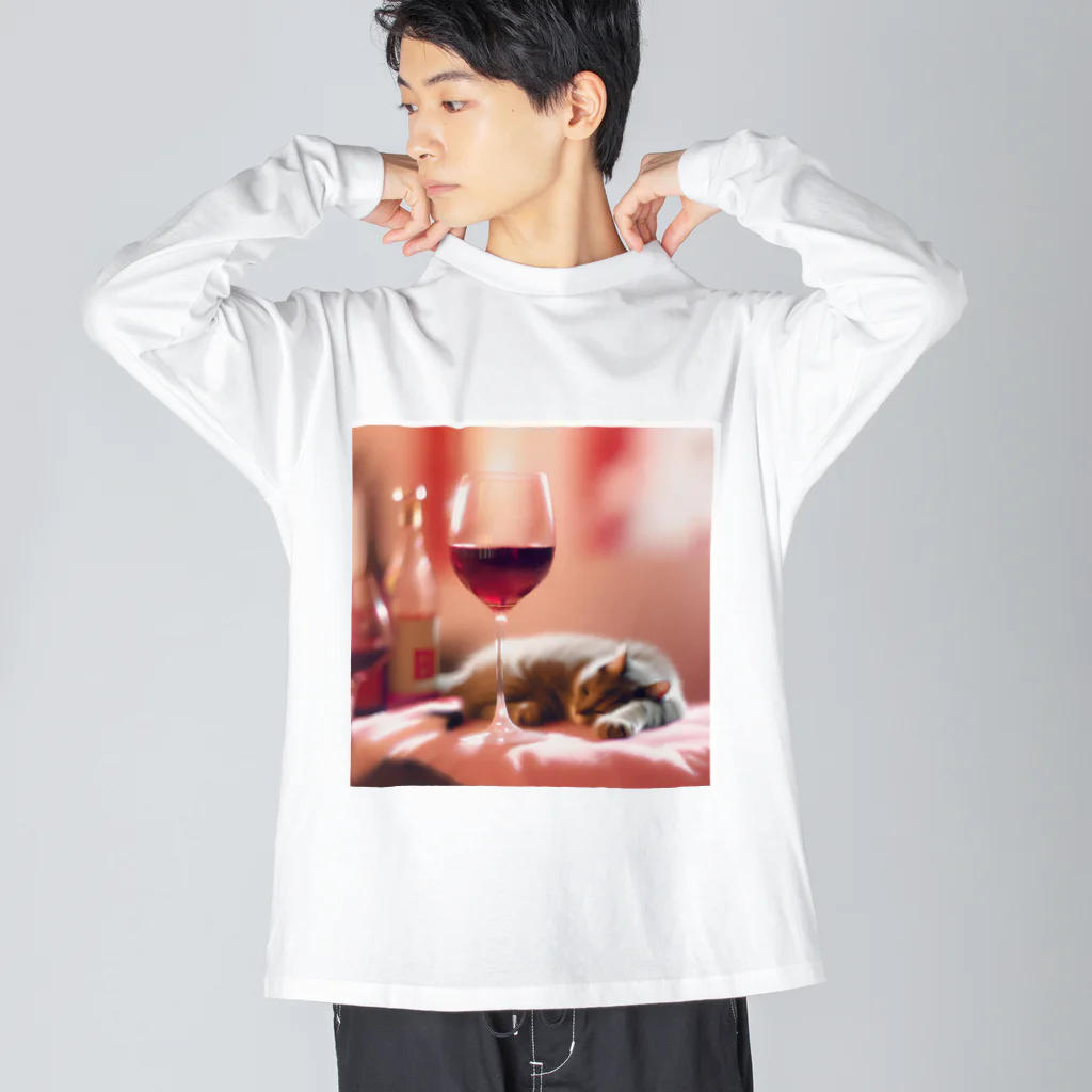 Shironekokuuの赤ワインと眠りねこ ビッグシルエットロングスリーブTシャツ