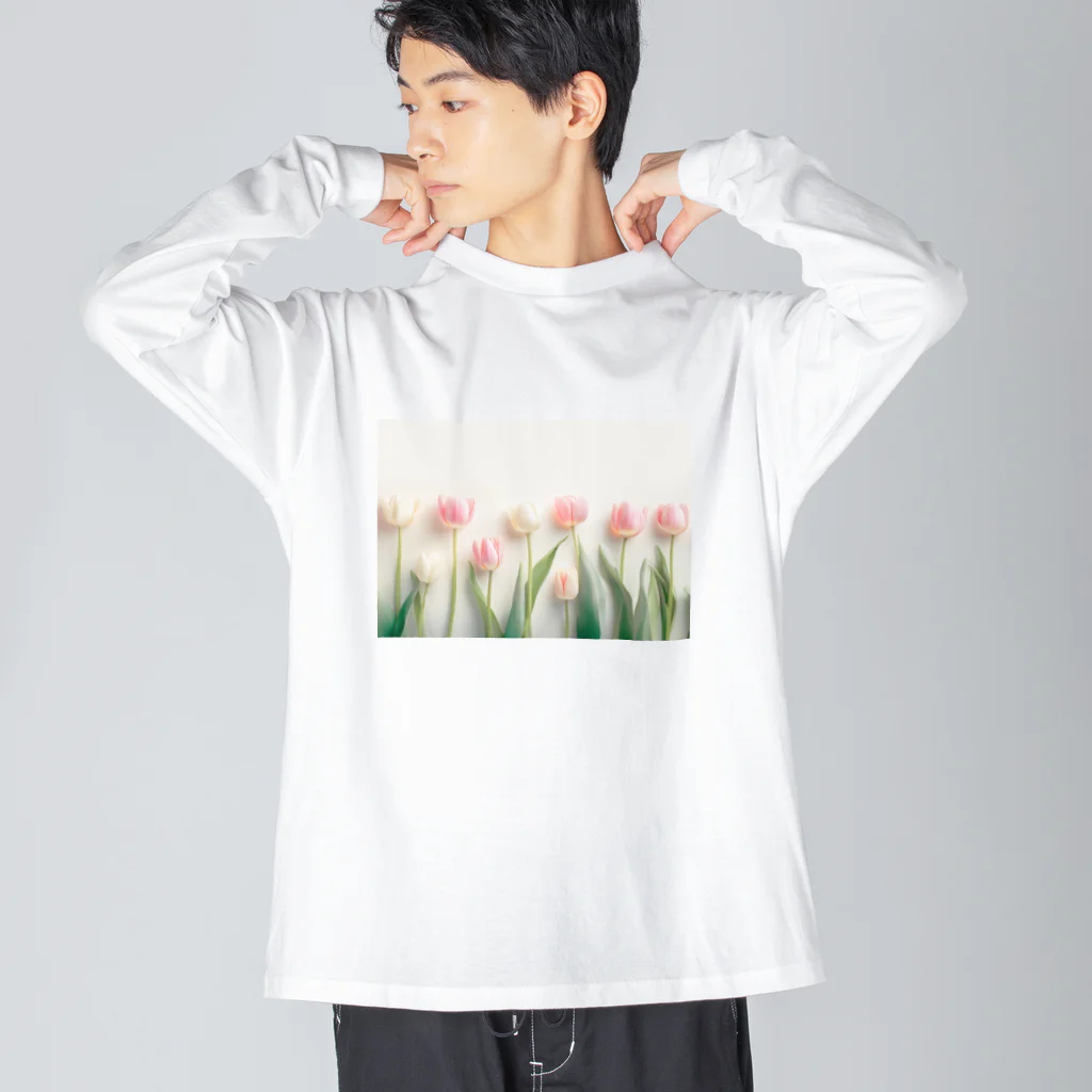 Leomatsuraのピンクと白のチューリップ ビッグシルエットロングスリーブTシャツ