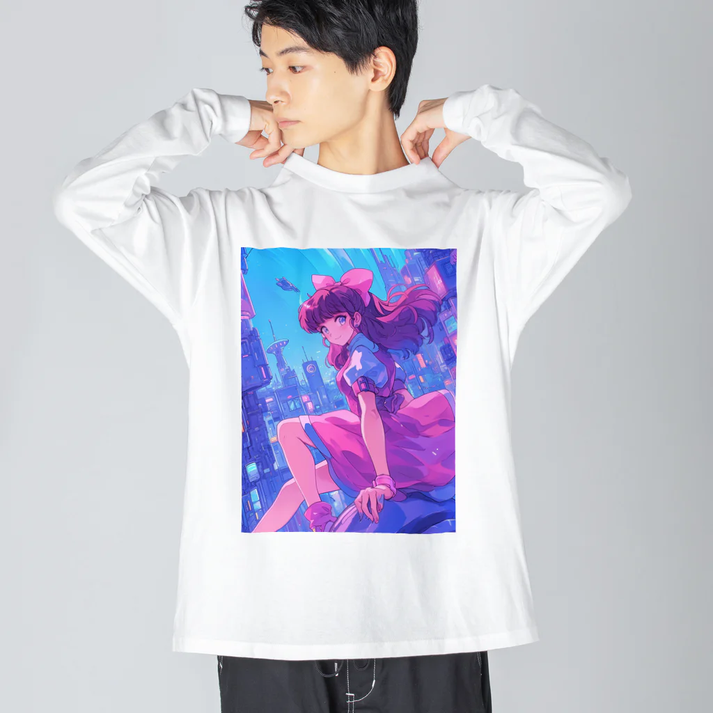 シロクマペンギンの昭和レトロアニメ風近未来ガール ビッグシルエットロングスリーブTシャツ