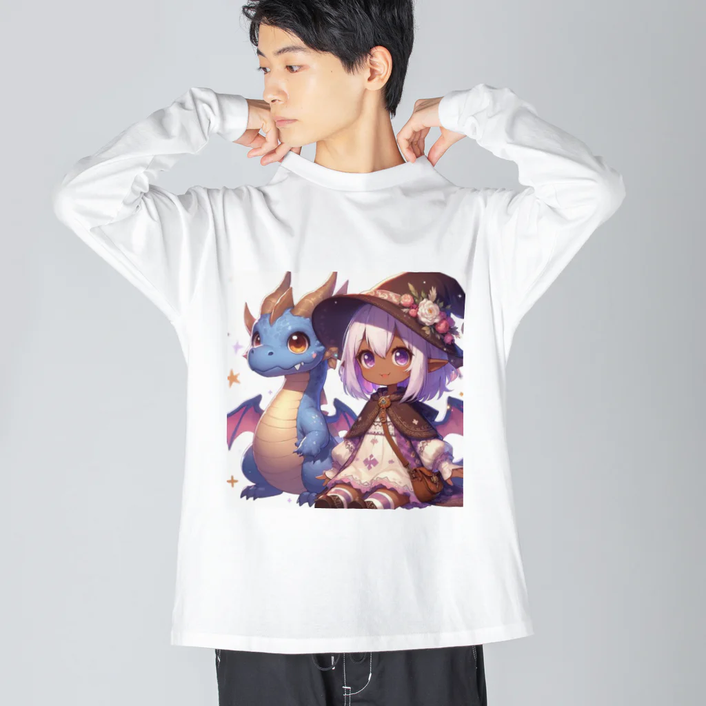 ピクセルパレットのドラゴンと可愛い女の子3 ビッグシルエットロングスリーブTシャツ