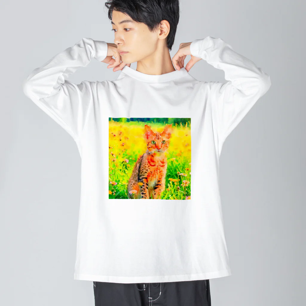 猫好きの谷の猫の水彩画/花畑のオシキャットねこのイラスト/キジトラネコ Big Long Sleeve T-Shirt