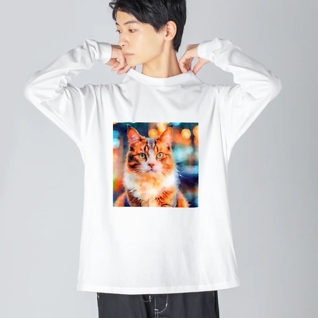 猫好きの谷の猫の水彩画/キジトラねこのイラスト ビッグシルエットロングスリーブTシャツ