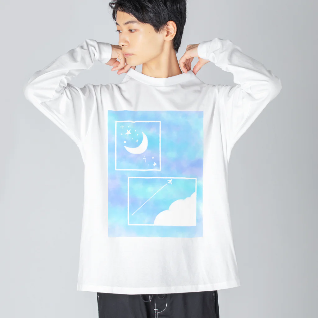 チョコミントの飛行機雲と三日月 ビッグシルエットロングスリーブTシャツ