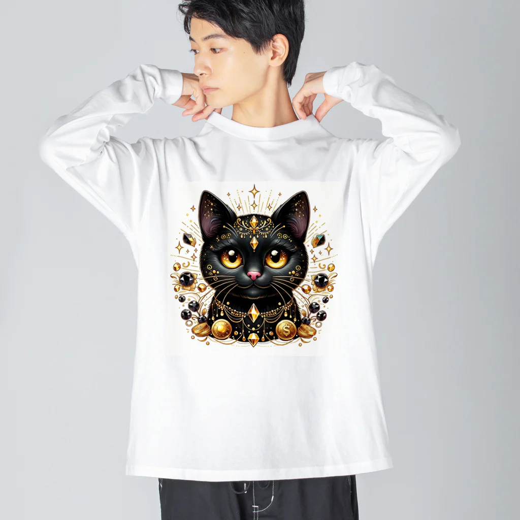 黒猫ギャラリー🐈‍⬛の金運の黒猫の神様 ビッグシルエットロングスリーブTシャツ