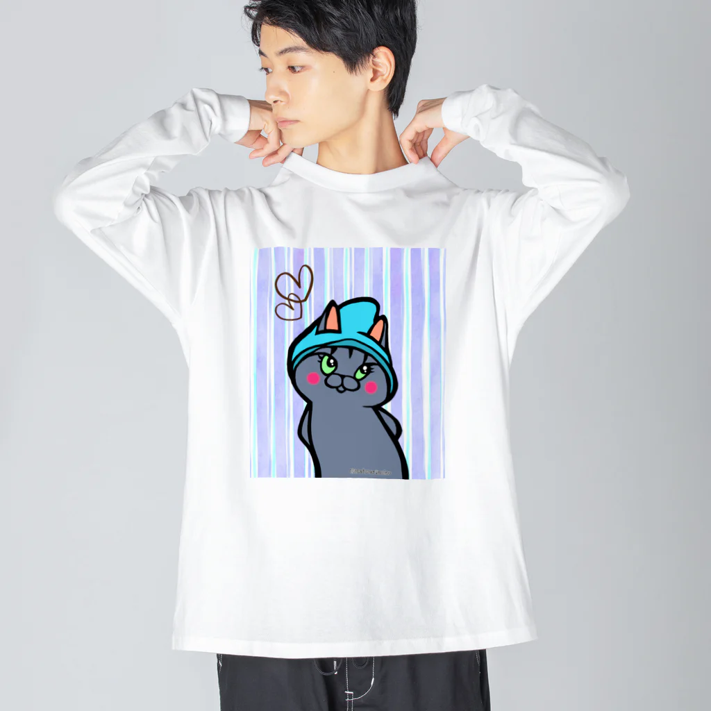 まつり猫ショップの青い帽子の猫 ビッグシルエットロングスリーブTシャツ