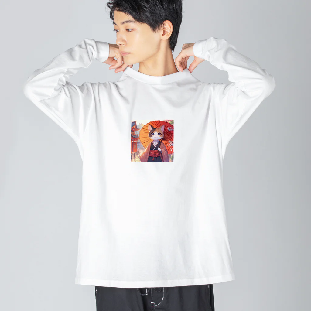 oz-chanの傘をさしている猫_アニメ風2 ビッグシルエットロングスリーブTシャツ