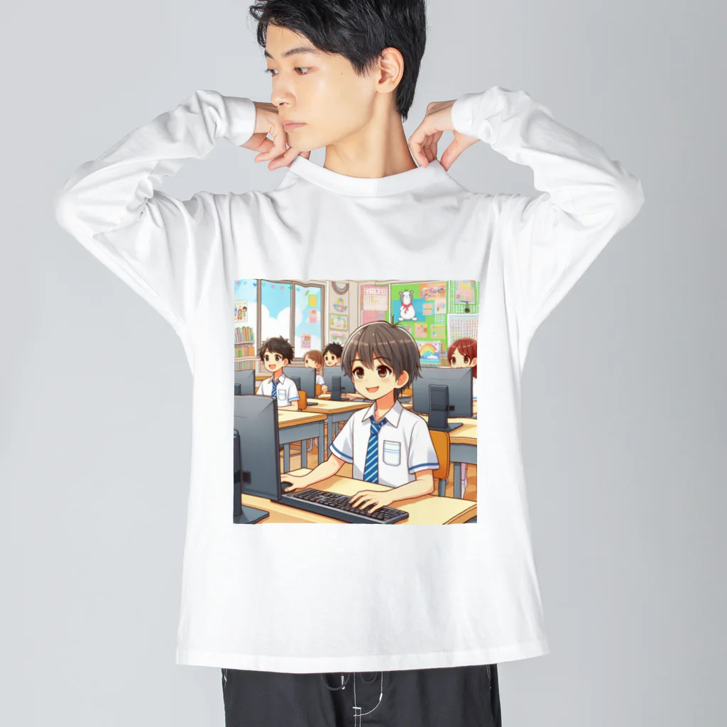 可愛い男の子イラスト販売所　By,keicyanの男の子　中学1年生　パソコン部 ビッグシルエットロングスリーブTシャツ