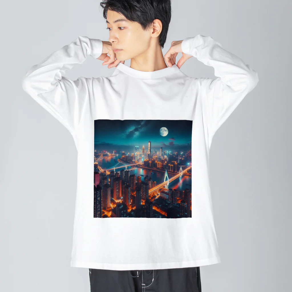 Teesignsの月夜に輝く未来都市 ビッグシルエットロングスリーブTシャツ