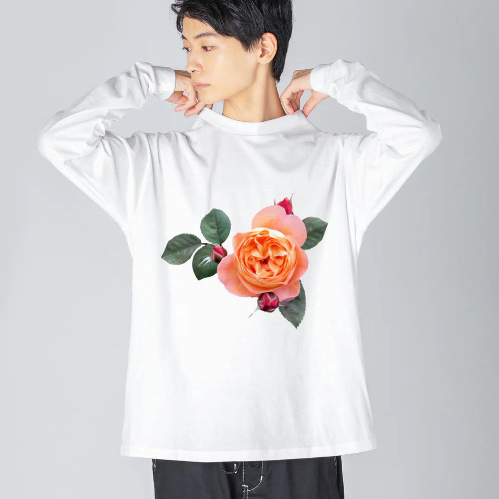 コマタヒチの【ロマン】蕾と葉のついたオレンジピンクの薔薇 ビッグシルエットロングスリーブTシャツ