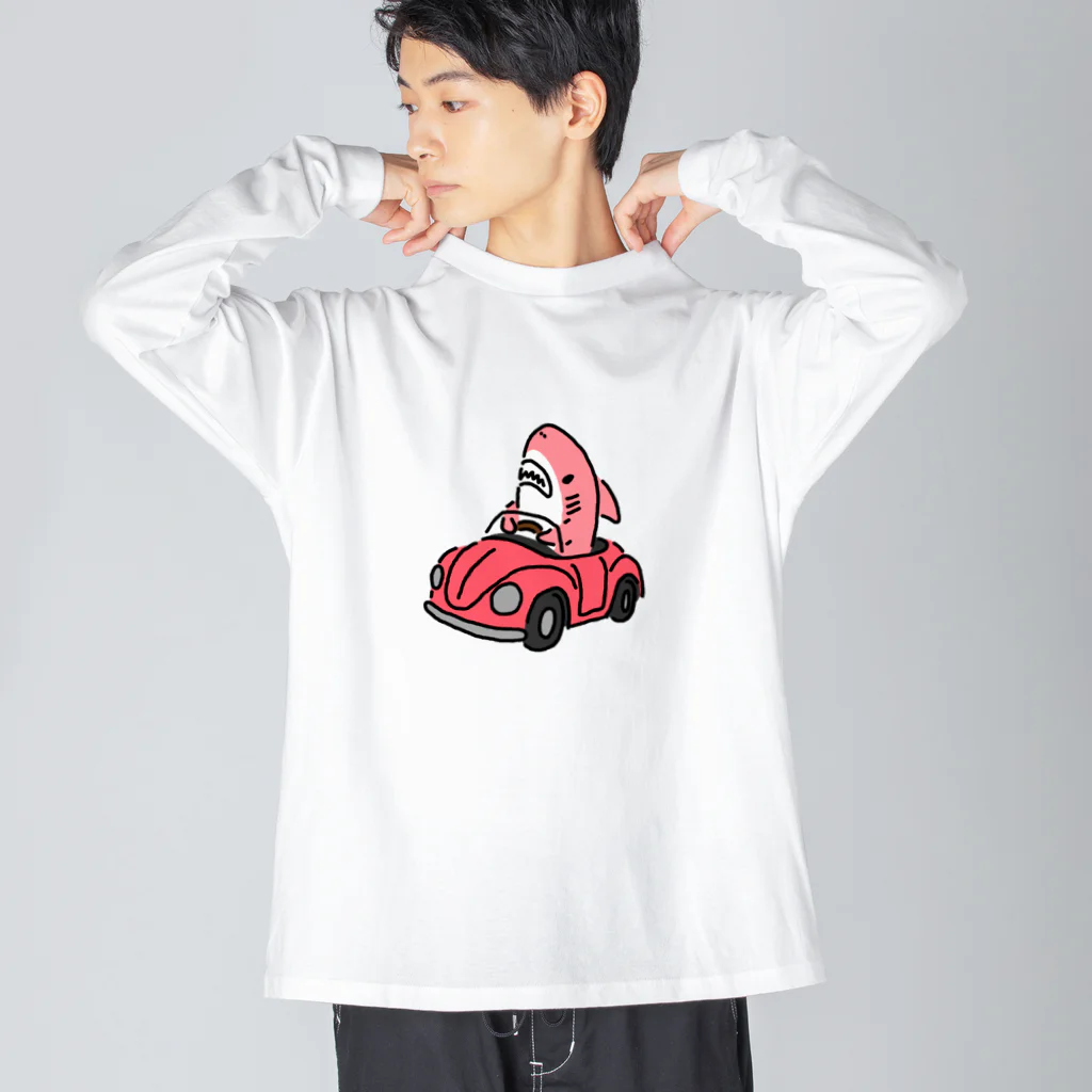 サメ わりとおもいの運転を覚えたピンクのサメ ビッグシルエットロングスリーブTシャツ