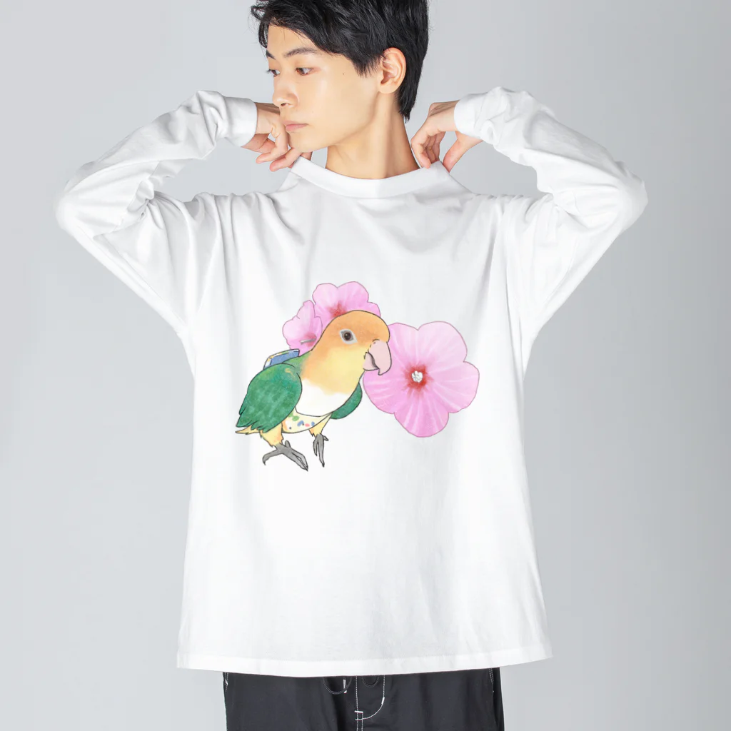 まめるりはことりのお花とシロハラインコちゃん【まめるりはことり】 ビッグシルエットロングスリーブTシャツ