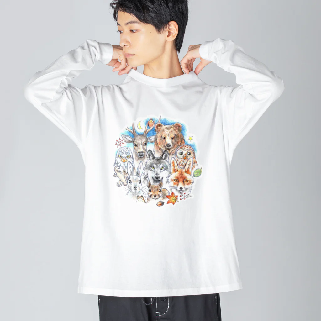 ＰＵＧＬＡＮＤの熊・鹿・フクロウ・オオカミ・キツネ・鷹・イモリ・うさぎ・リス・ジョウビタキ Big Long Sleeve T-Shirt