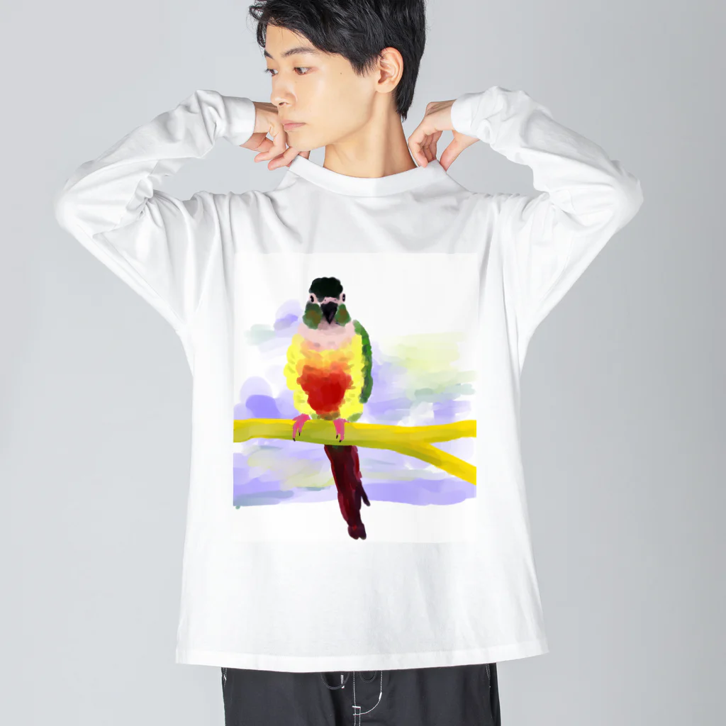 アキクサインコとウロコインコのウロコインコと止まり木 ビッグシルエットロングスリーブTシャツ