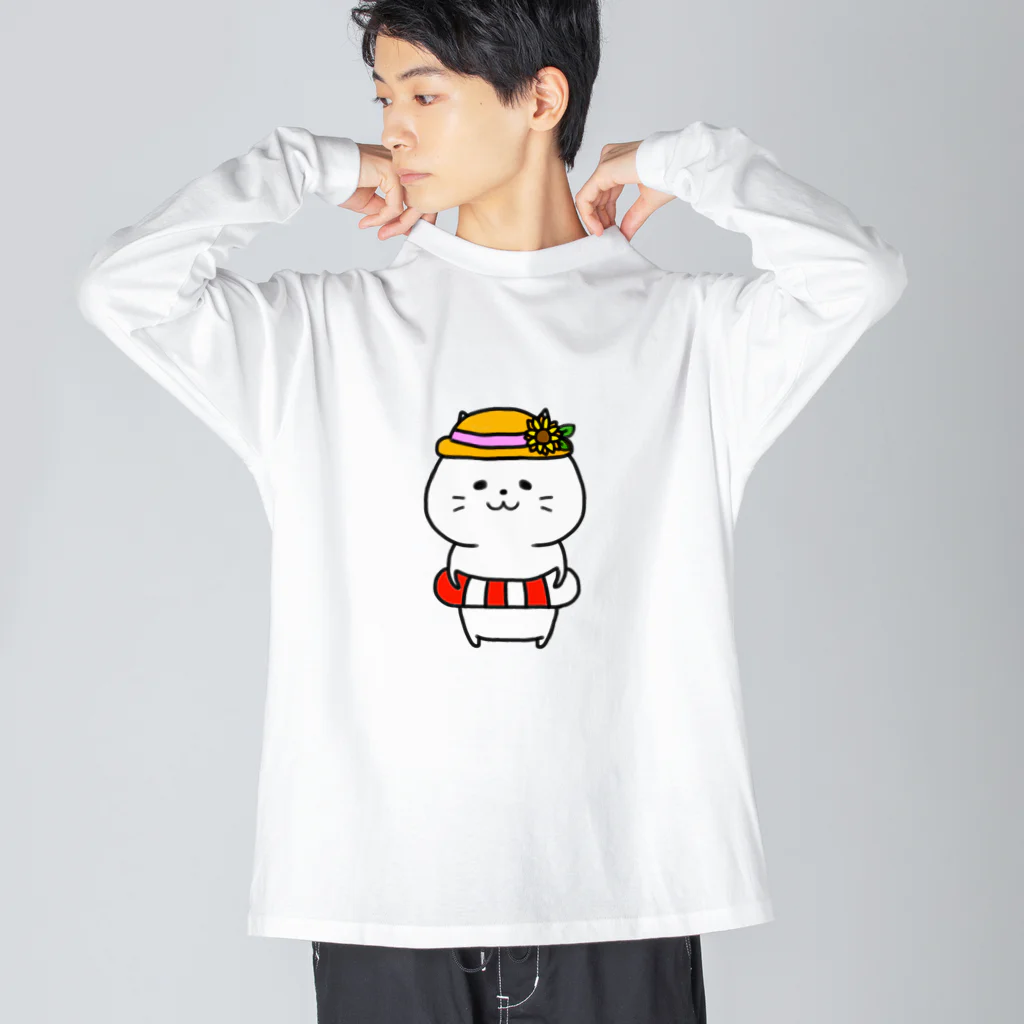 もちぱっちの浮き輪帽子ねこさん ビッグシルエットロングスリーブTシャツ