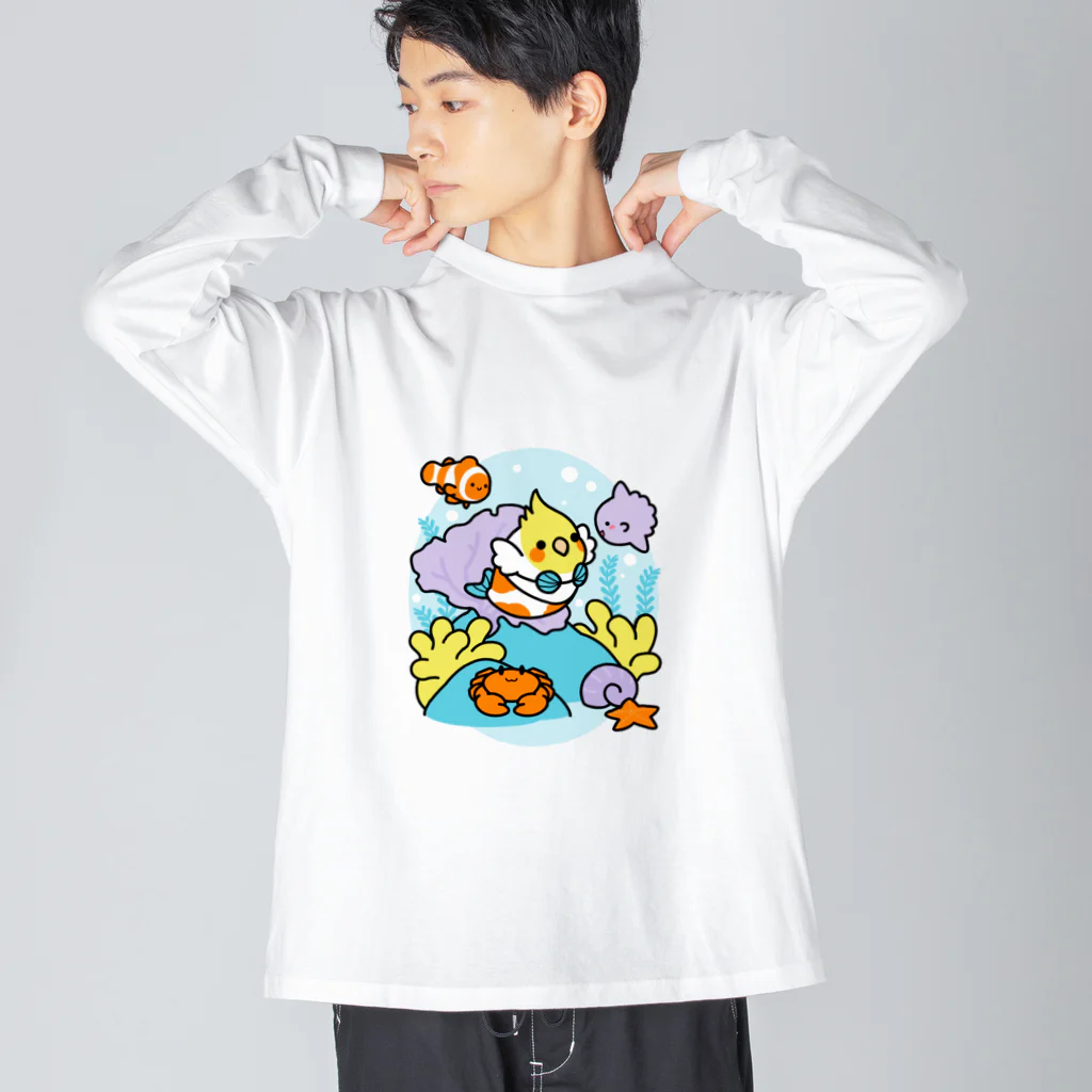 Cody the LovebirdのChubby Bird サンゴ礁を守ろう！　オカメインコと海のお友達 ビッグシルエットロングスリーブTシャツ