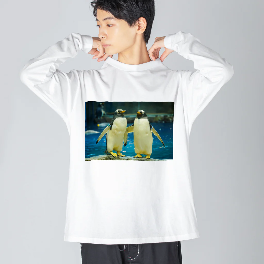 ペンギンの写真のジェンツーペンギン　写真　リアル　仲良し ビッグシルエットロングスリーブTシャツ