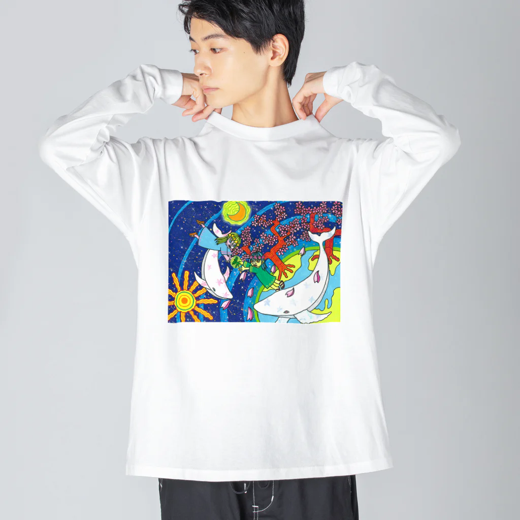 kouの落描き帳の桜の女神と白いクジラ ビッグシルエットロングスリーブTシャツ