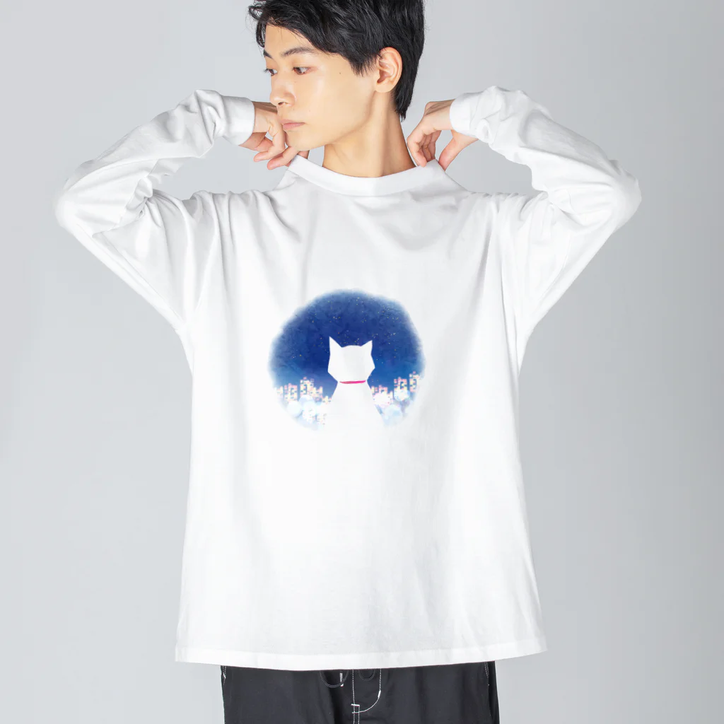 サワネチヒロのショップの夜のネオンと猫 ビッグシルエットロングスリーブTシャツ