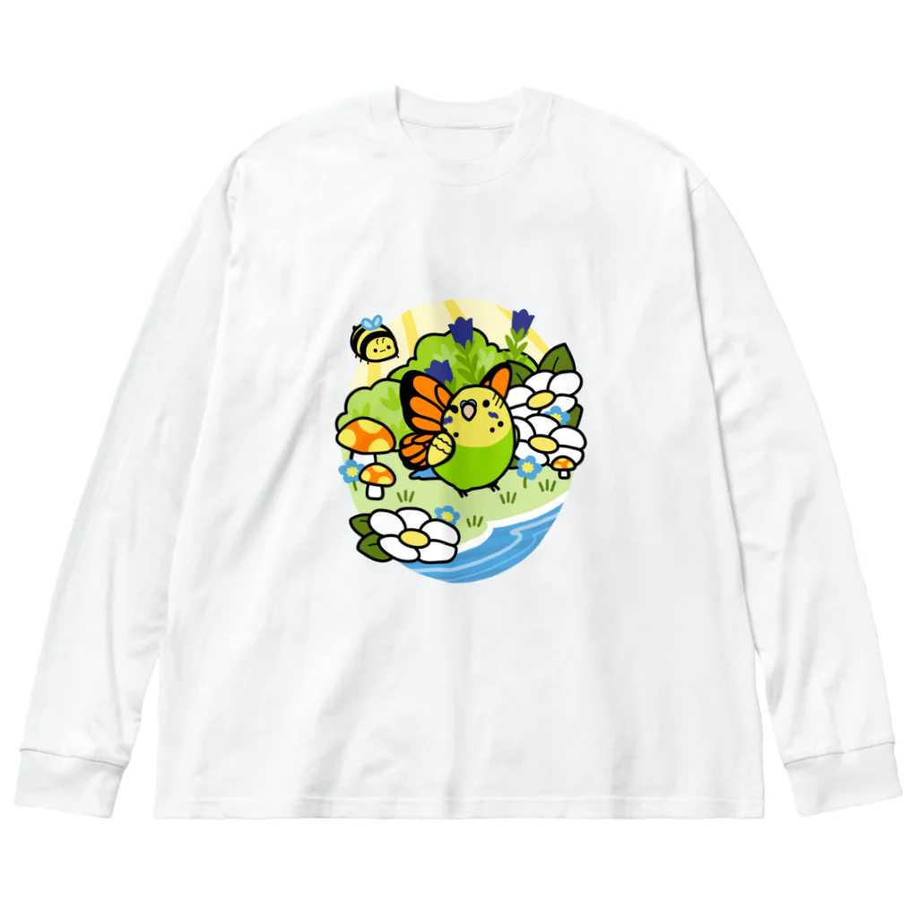 Cody the LovebirdのChubby Bird セキセイインコの妖精 Matcha 一緒に森を守ろう！ ビッグシルエットロングスリーブTシャツ