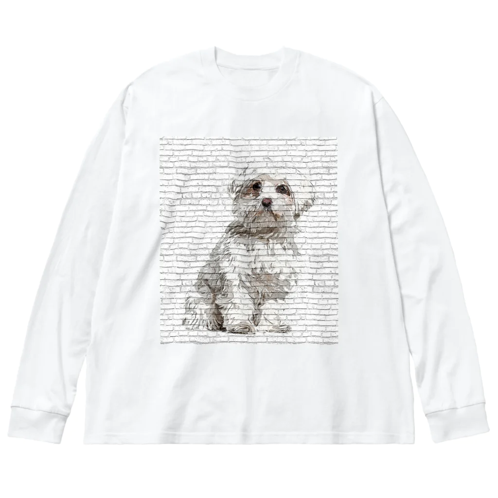 【CPPAS】Custom Pet Portrait Art Studioの マルチーズドッグ - レンガブロック背景 Big Long Sleeve T-Shirt