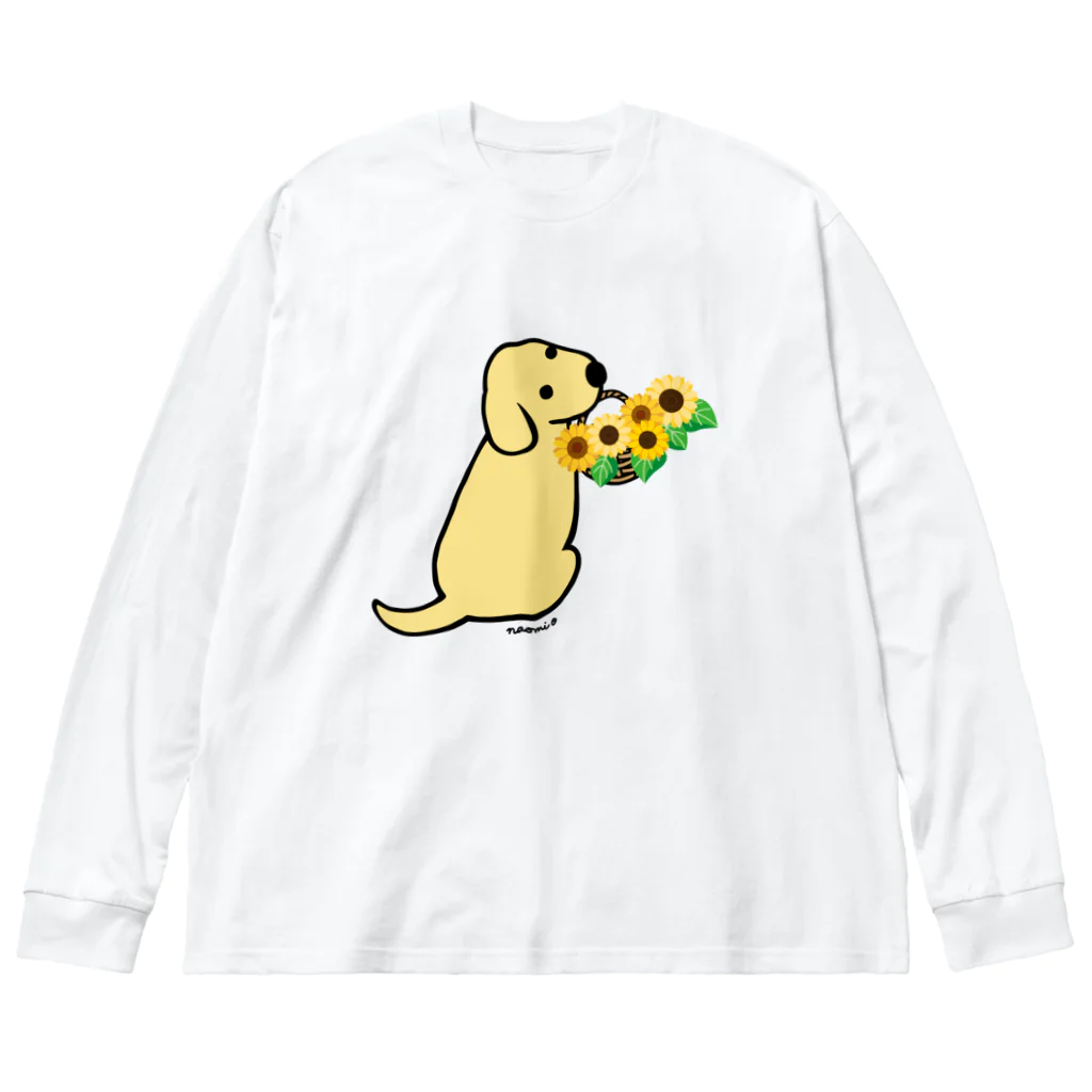 ハッピー・ラブラドールズの振り向くイエローラブラドールとひまわり Big Long Sleeve T-Shirt