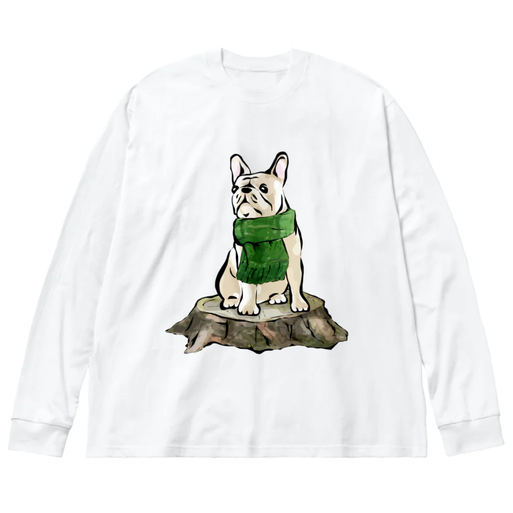 犬グッズの店しえるぶるーのマフラーを着けたフレンチブルドッグ　クリーム ビッグシルエットロングスリーブTシャツ