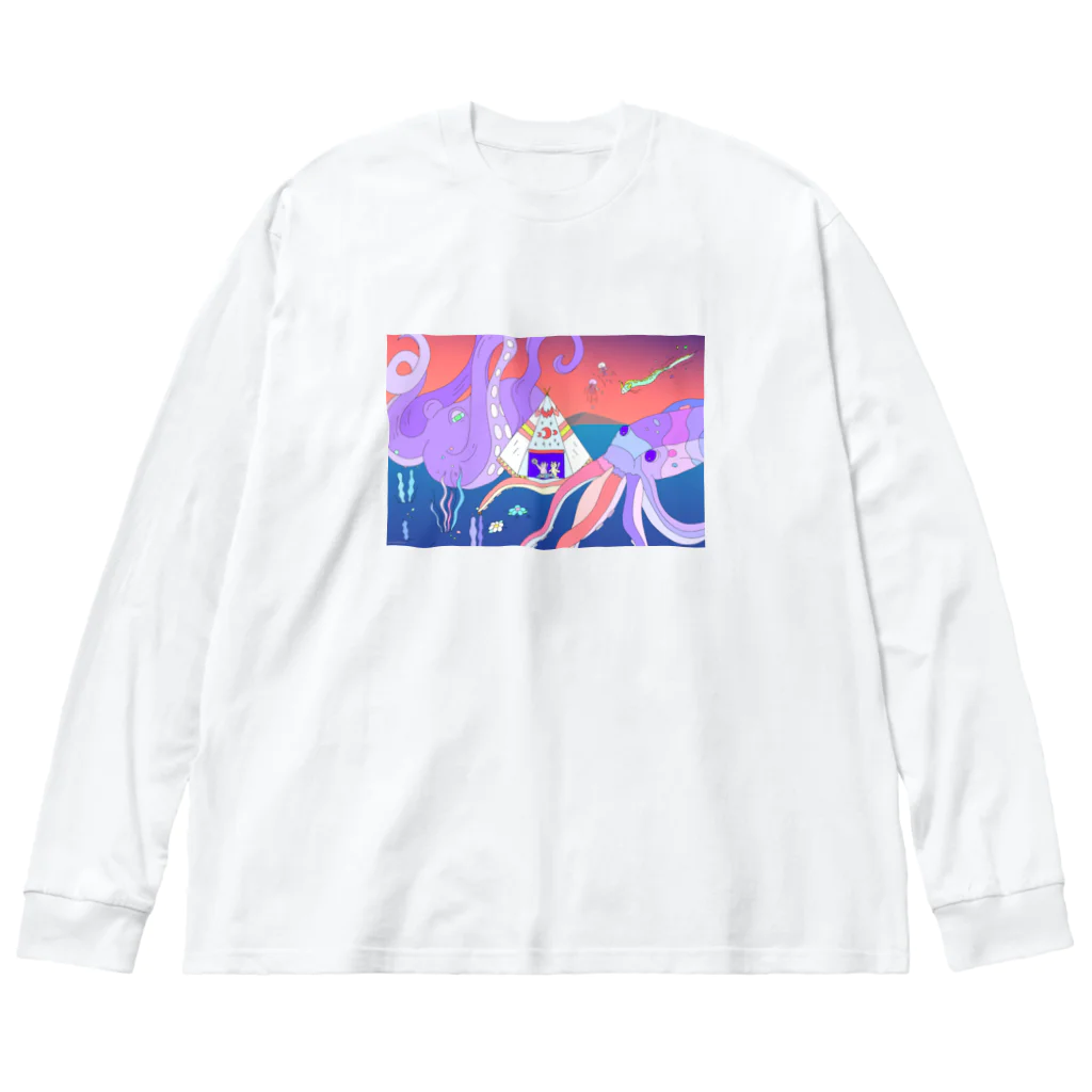 宇宙キャンプの深海でDJするねこ、タコとイカ、クラゲ、リュウグウノツカイ Big Long Sleeve T-Shirt