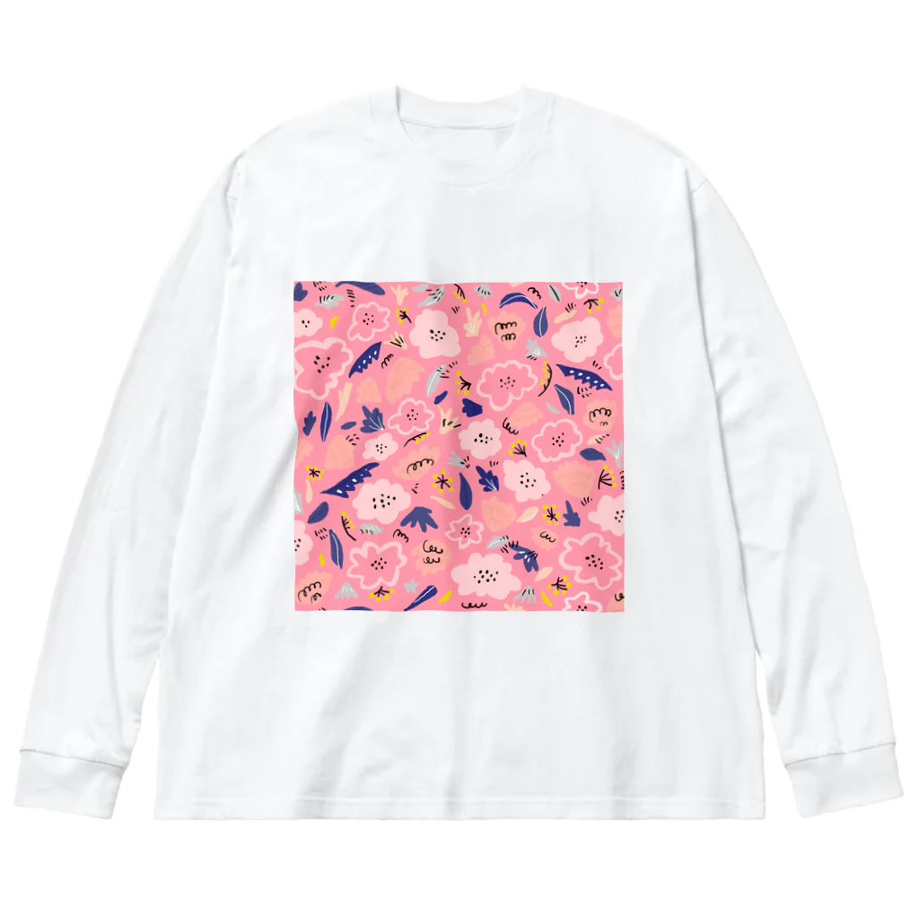 Katie（カチエ）の抽象的な手描きの花柄（ピンク） ビッグシルエットロングスリーブTシャツ