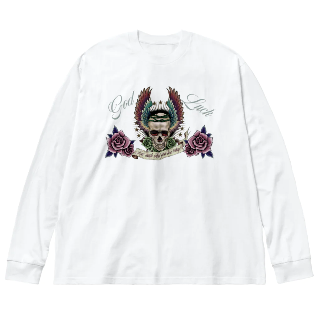 GOD LUCK💀to youの赤薔薇スカル💀🌹 ビッグシルエットロングスリーブTシャツ