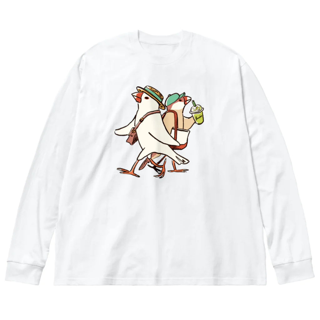 もしもしこちら文鳥のおしゃれしておでかけ文鳥 ビッグシルエットロングスリーブTシャツ