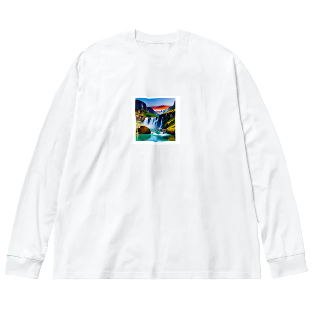 rokuryuuの夜明けの滝と山々の美しい自然風景 ビッグシルエットロングスリーブTシャツ