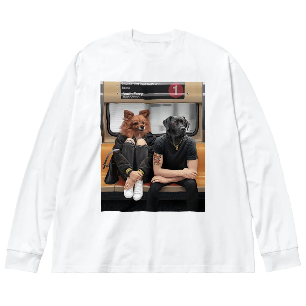 Mottan‘s Art Goods Shopの地下鉄の乗る　犬のカップル ビッグシルエットロングスリーブTシャツ