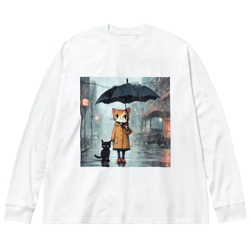 AI Creative Hub（AIクリエイティブハブ）の猫と傘 Big Long Sleeve T-Shirt