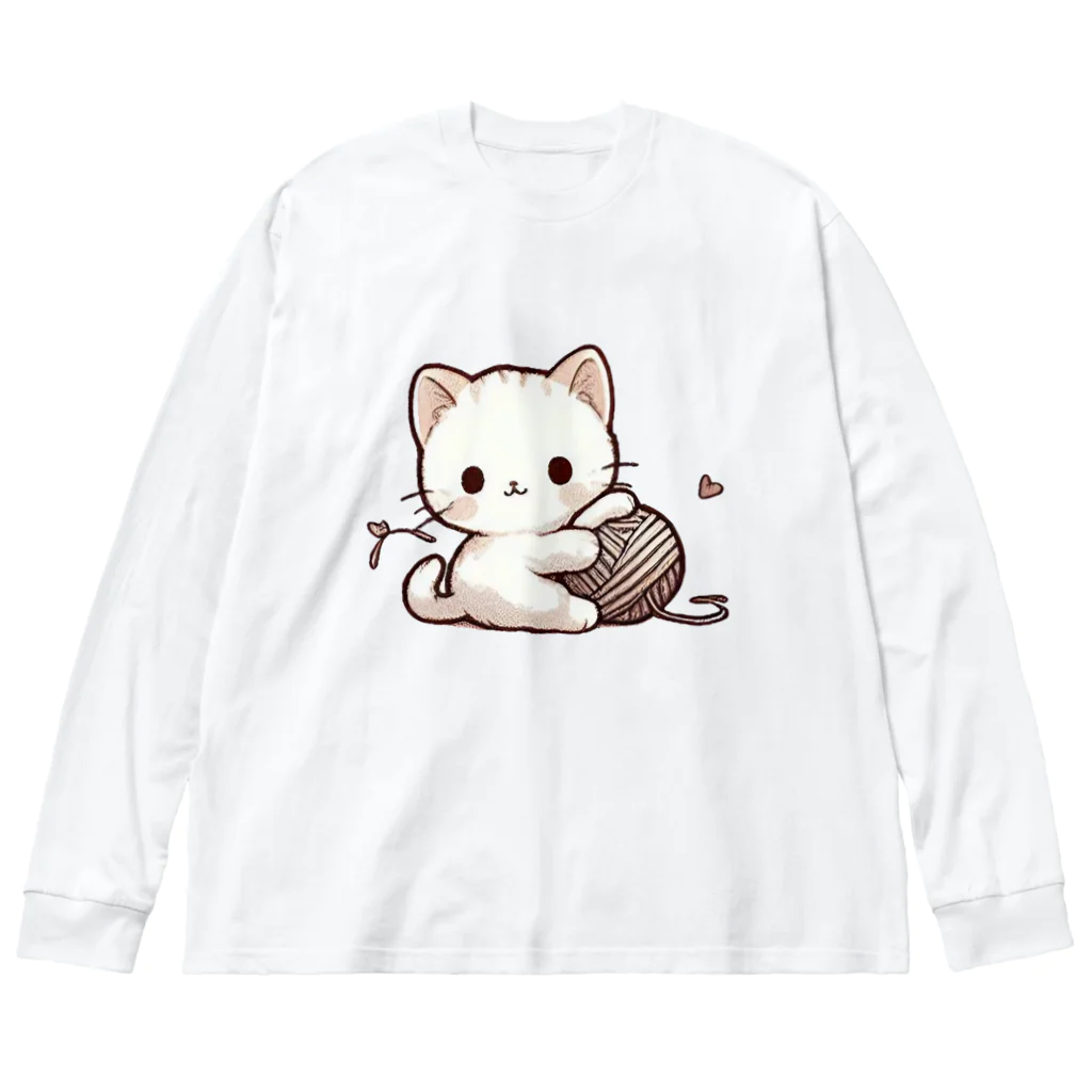 もふもふデザインストアのふわふわ白猫の癒しグッズ ビッグシルエットロングスリーブTシャツ