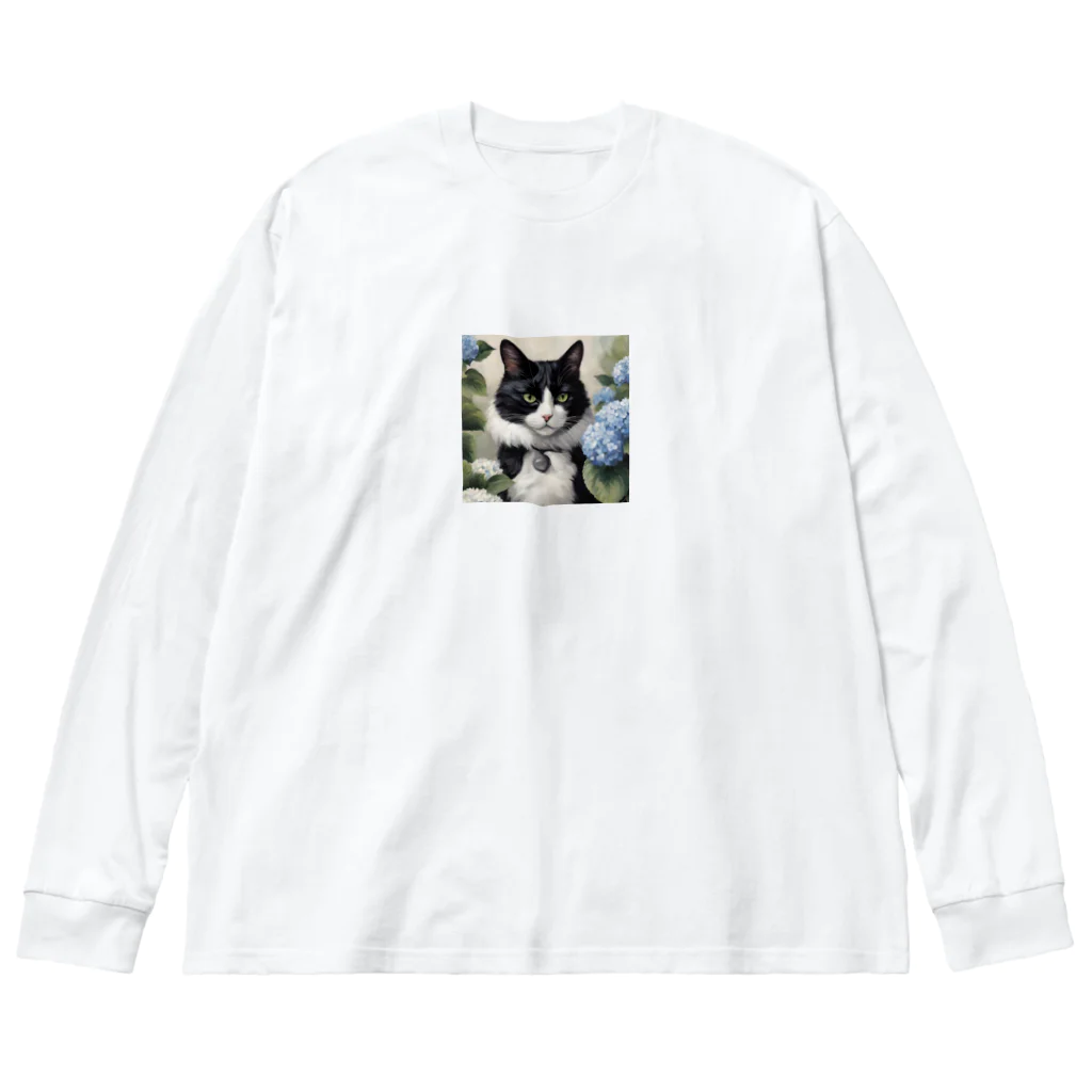 capcat1919のハチワレ猫白黒と紫陽花 ビッグシルエットロングスリーブTシャツ