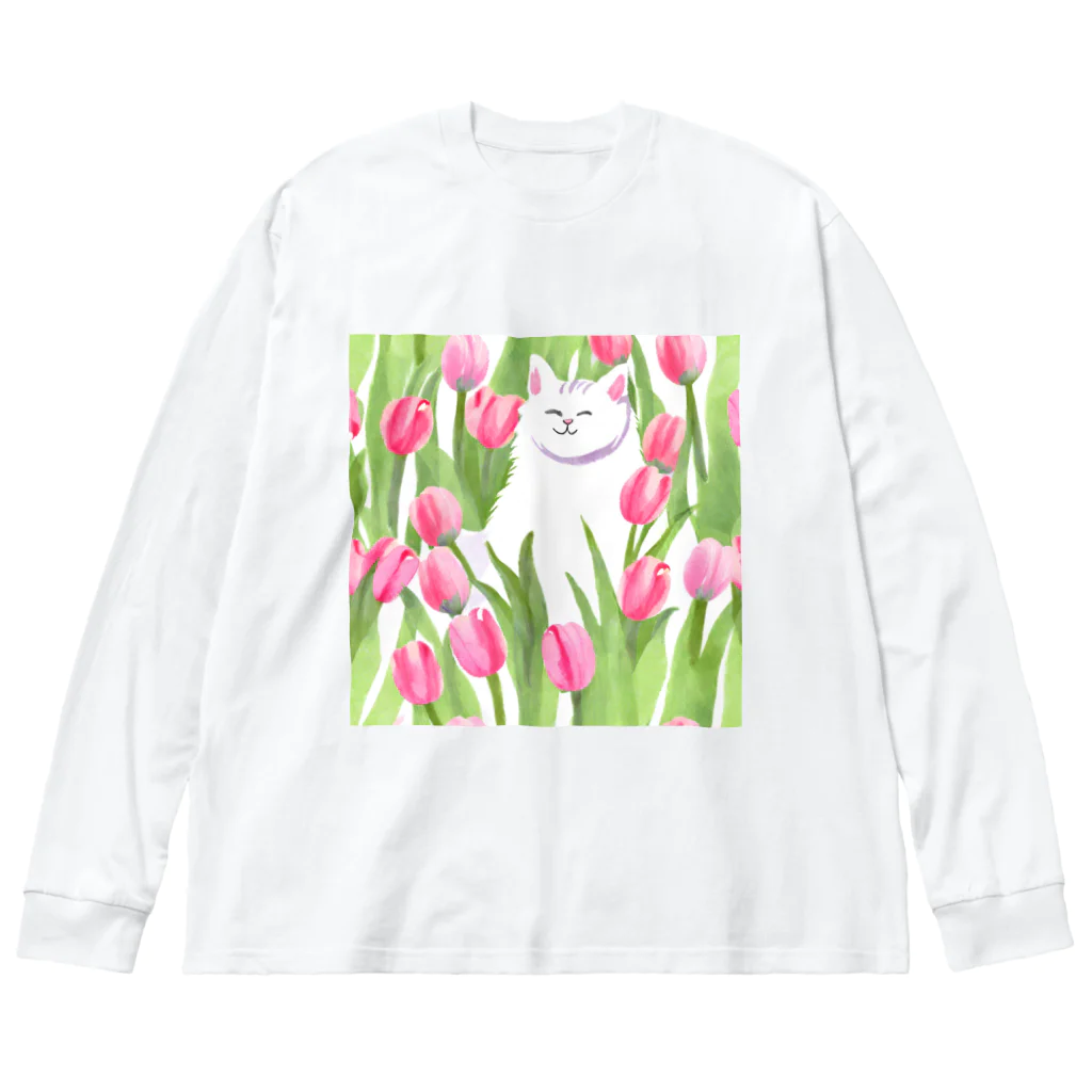 癒しのふわふわ白猫ちゃんのチューリップと白猫ちゃん ビッグシルエットロングスリーブTシャツ