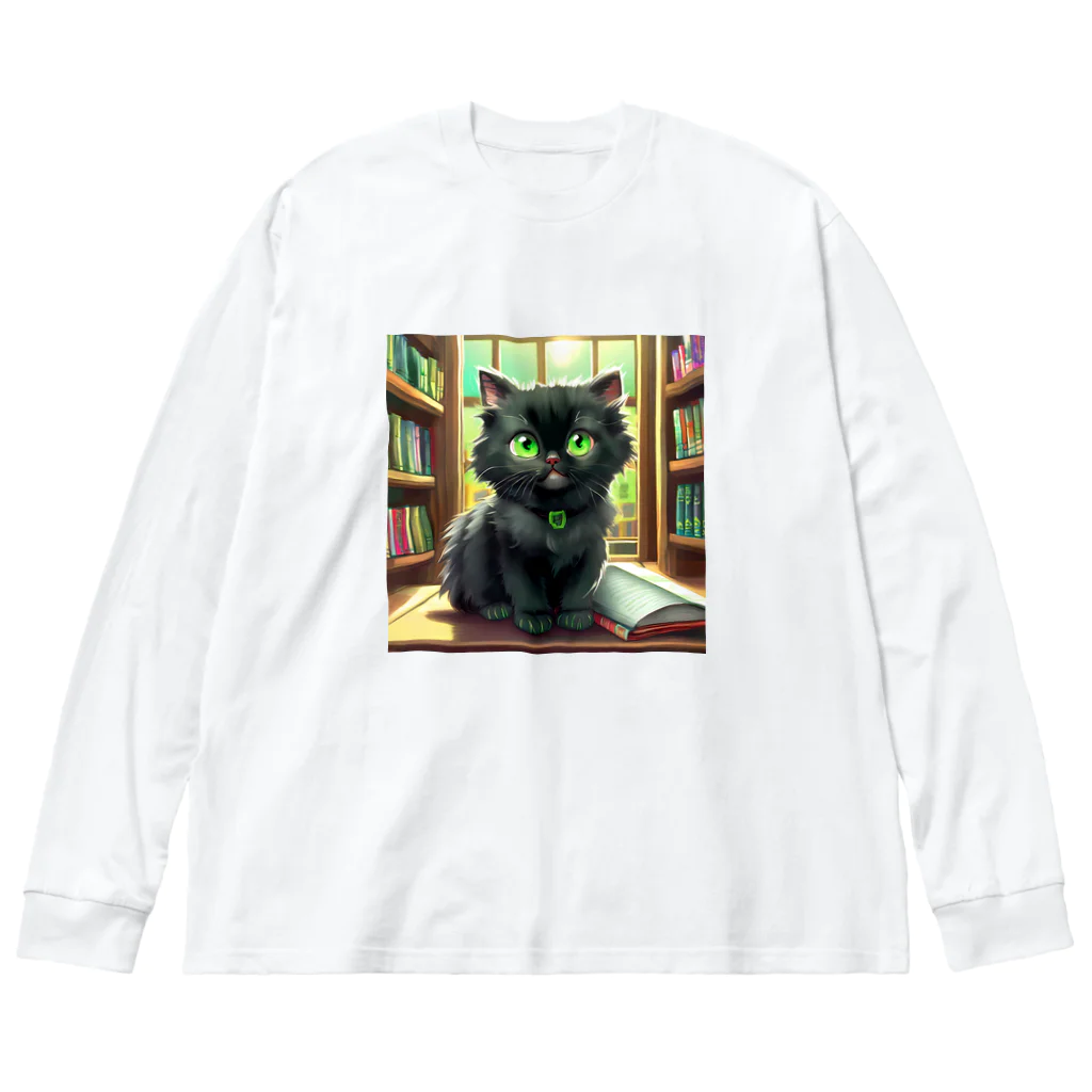 yoiyononakaの図書室の黒猫01 ビッグシルエットロングスリーブTシャツ