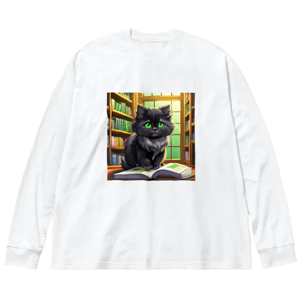 yoiyononakaの図書室の黒猫02 ビッグシルエットロングスリーブTシャツ